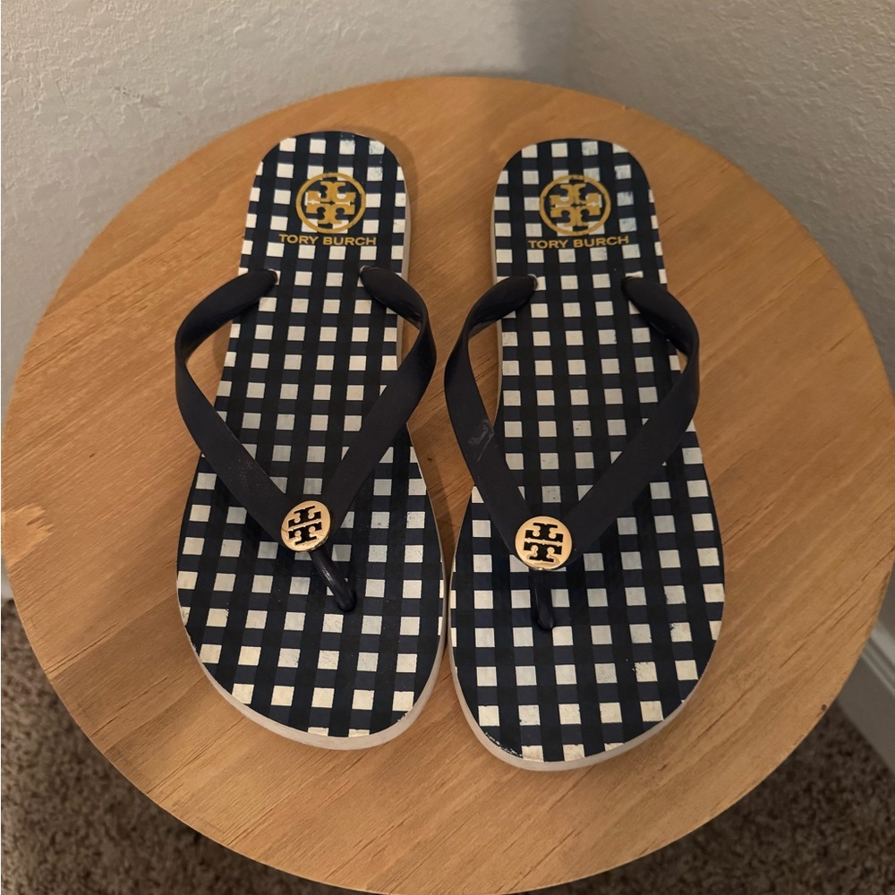 Tory Burch Navy and Cream Checkered Flip Flops
